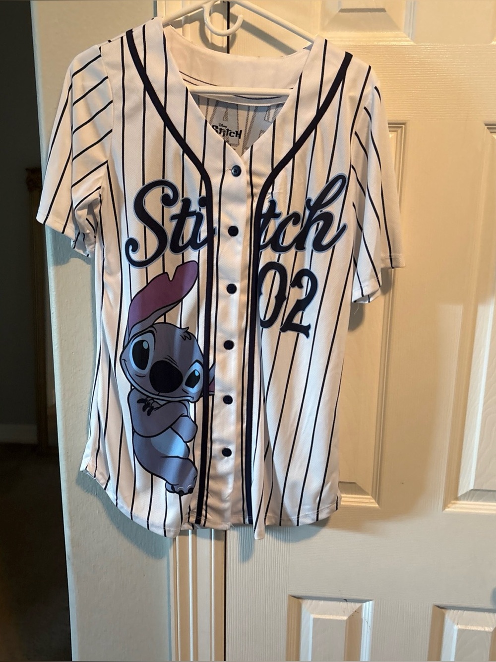 Disney Stitch Girls' White & Navy Pinstripe Baseball Tee